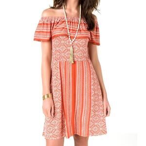Alya Women's M Off-Shoulder Orange Boho Print Knee Length Dress Ruffle Sun Dress